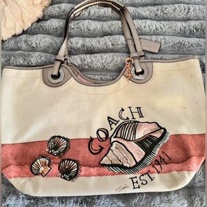 Coach Cream and Pink Canvas Tote with Seashell Beach Graphic